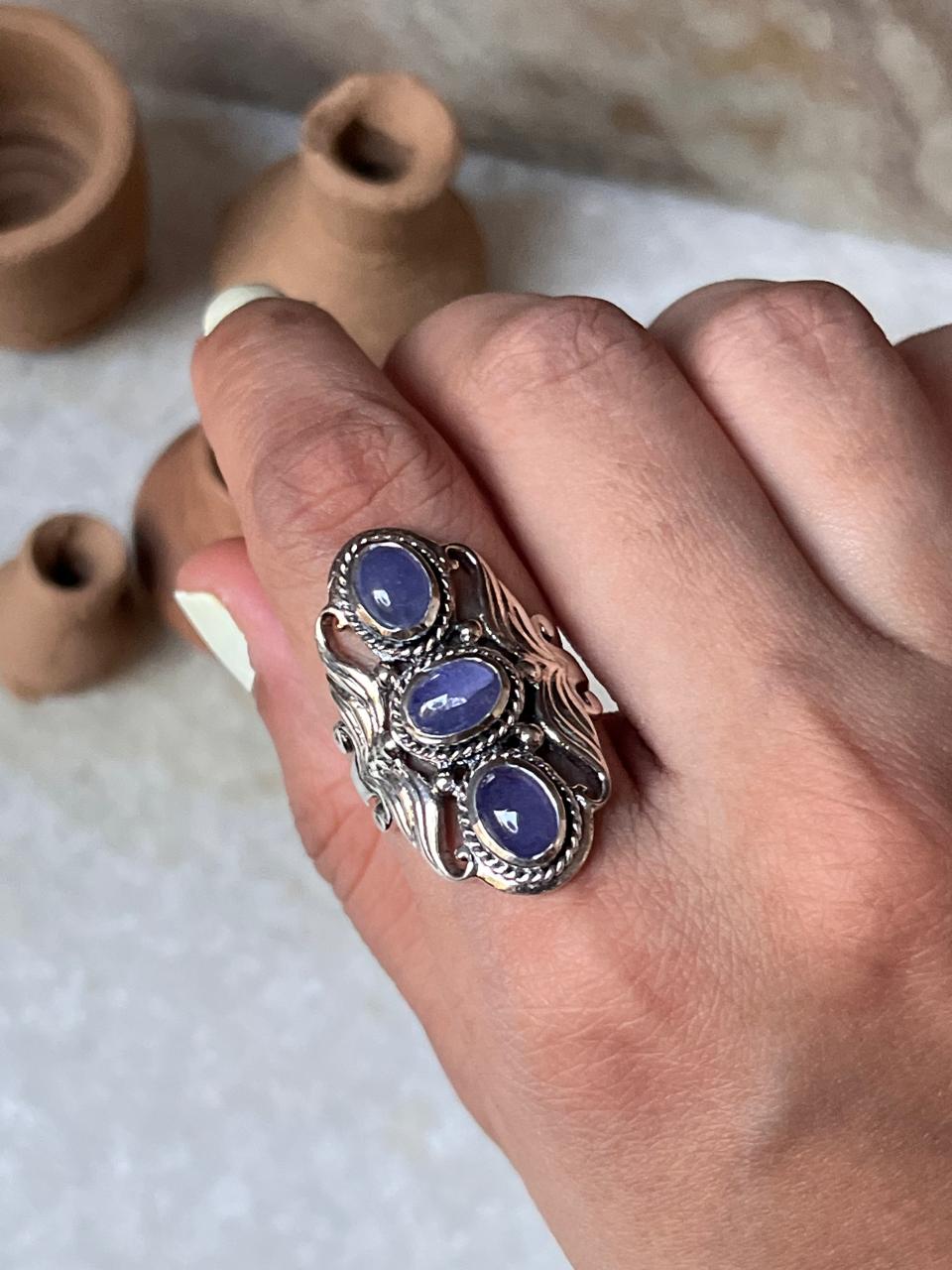Tanzanite 3 Stone Statement 925 Sterling Silver Ring
