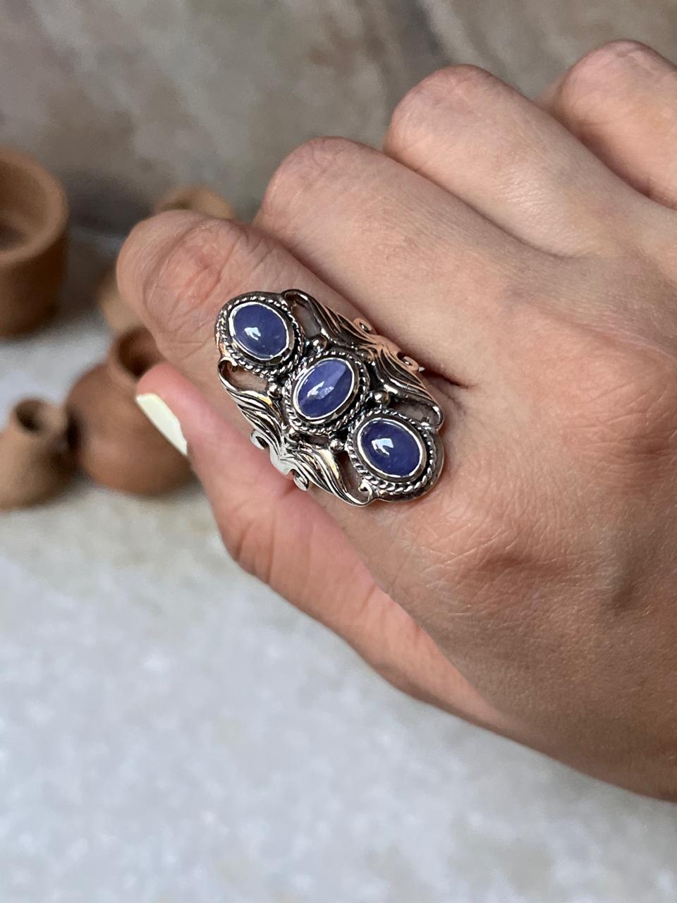 Tanzanite 3 Stone Statement 925 Sterling Silver Ring