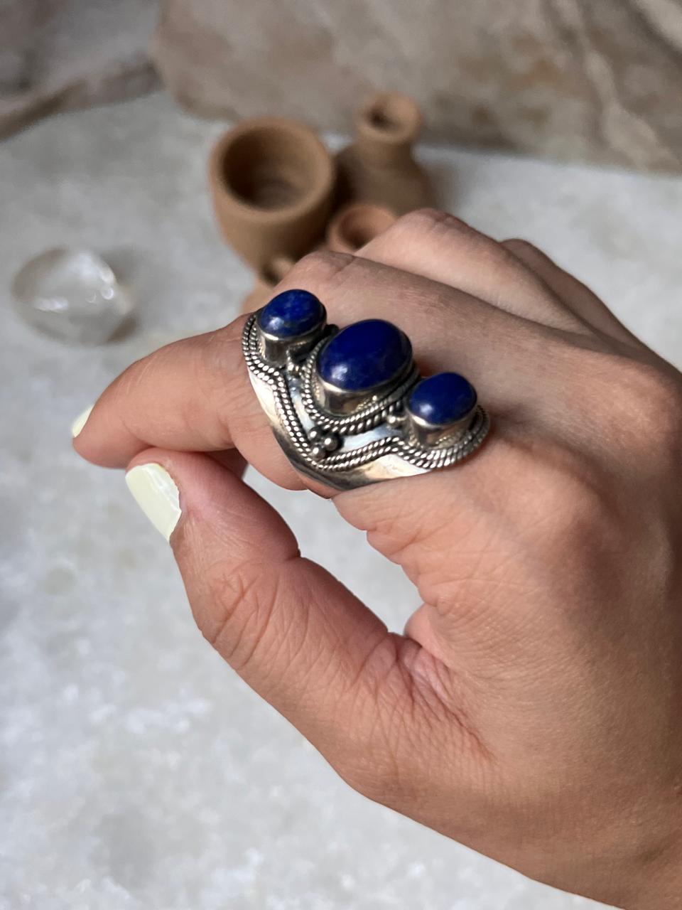 Lapis Lazuli Boho Statement 925 Sterling Silver Ring