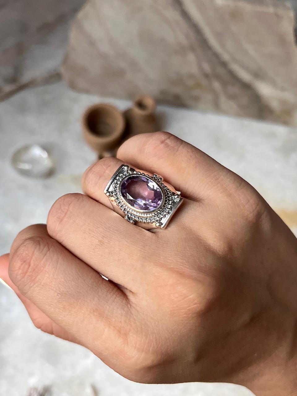 Amethyst Boho Statement 925 Sterling Silver Ring
