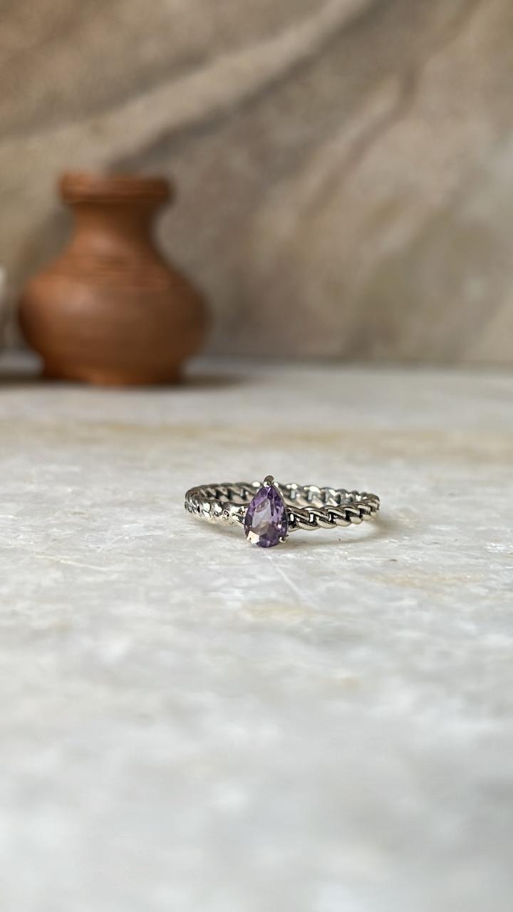 Amethyst Pear Solitaire Cuban Link Band 925 Sterling Silver Ring