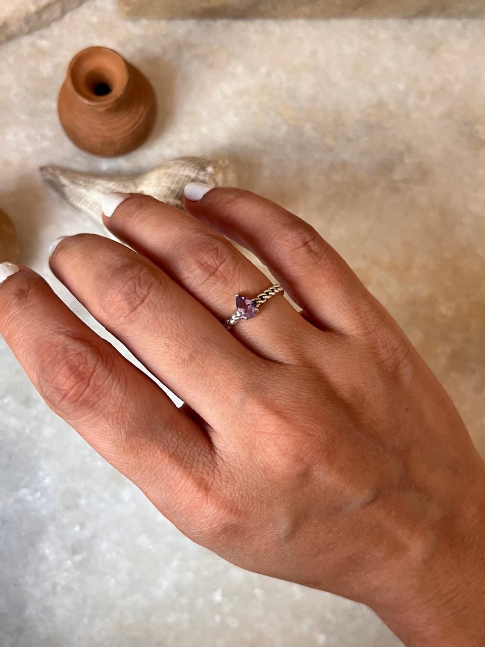 Amethyst Pear Solitaire Cuban Link Band 925 Sterling Silver Ring