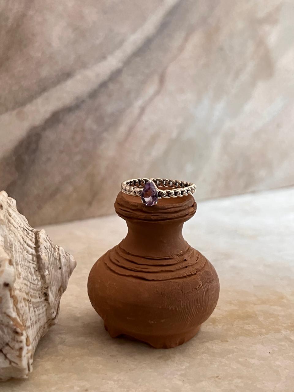 Amethyst Pear Solitaire Cuban Link Band 925 Sterling Silver Ring