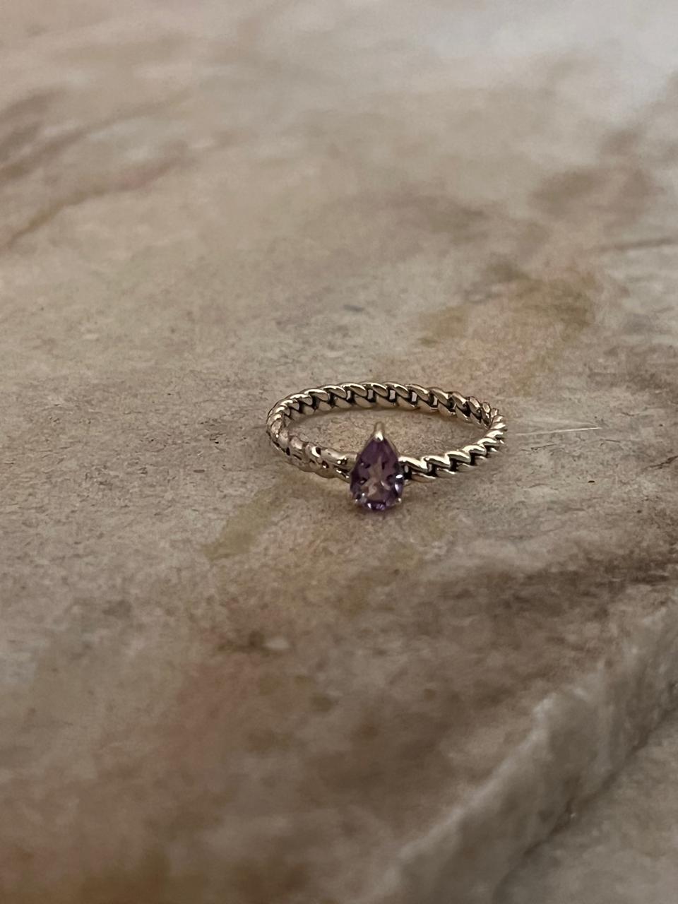 Amethyst Pear Solitaire Cuban Link Band 925 Sterling Silver Ring