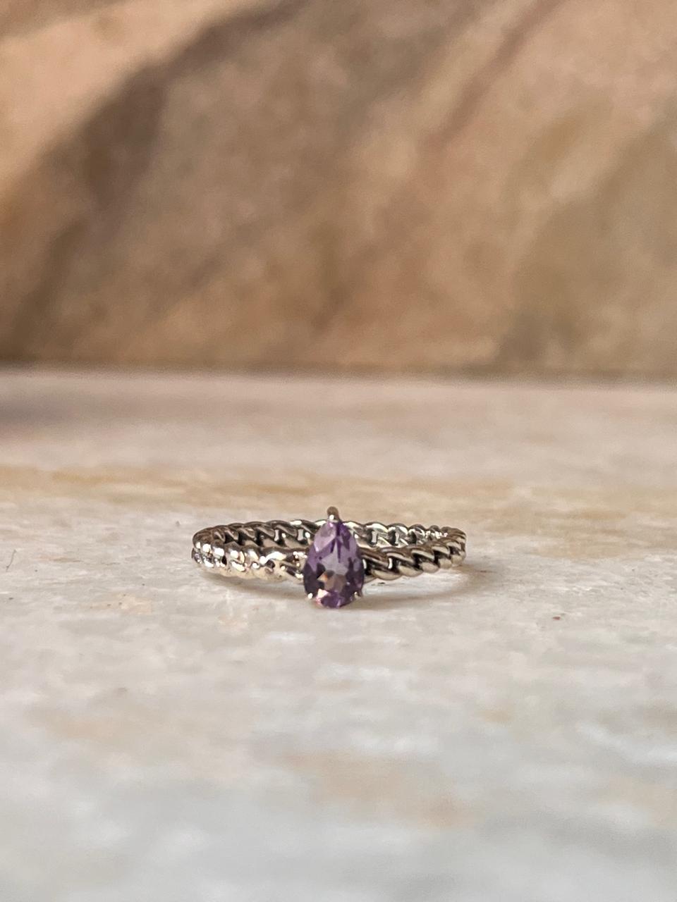 Amethyst Pear Solitaire Cuban Link Band 925 Sterling Silver Ring