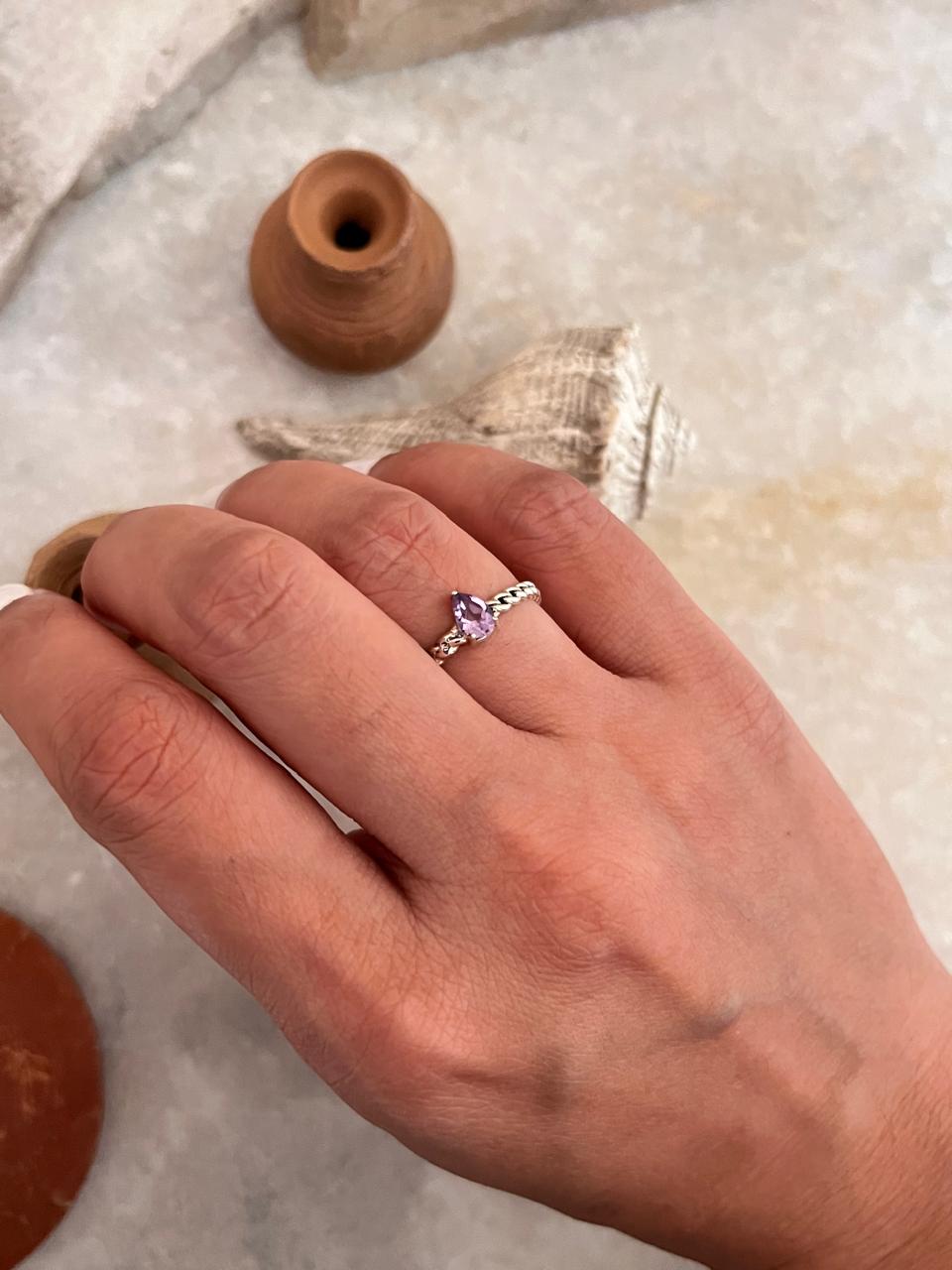 Amethyst Pear Solitaire Cuban Link Band 925 Sterling Silver Ring