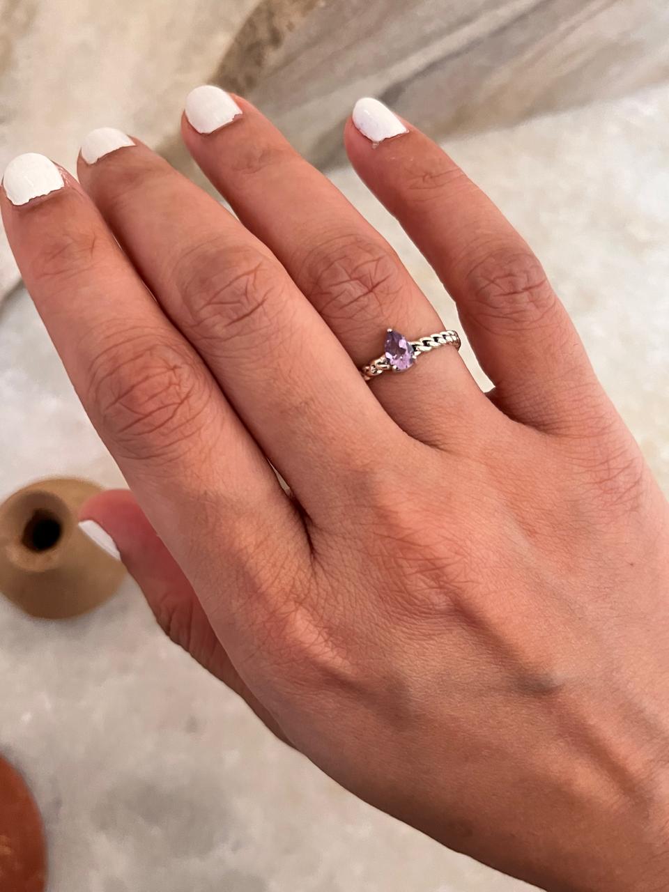 Amethyst Pear Solitaire Cuban Link Band 925 Sterling Silver Ring
