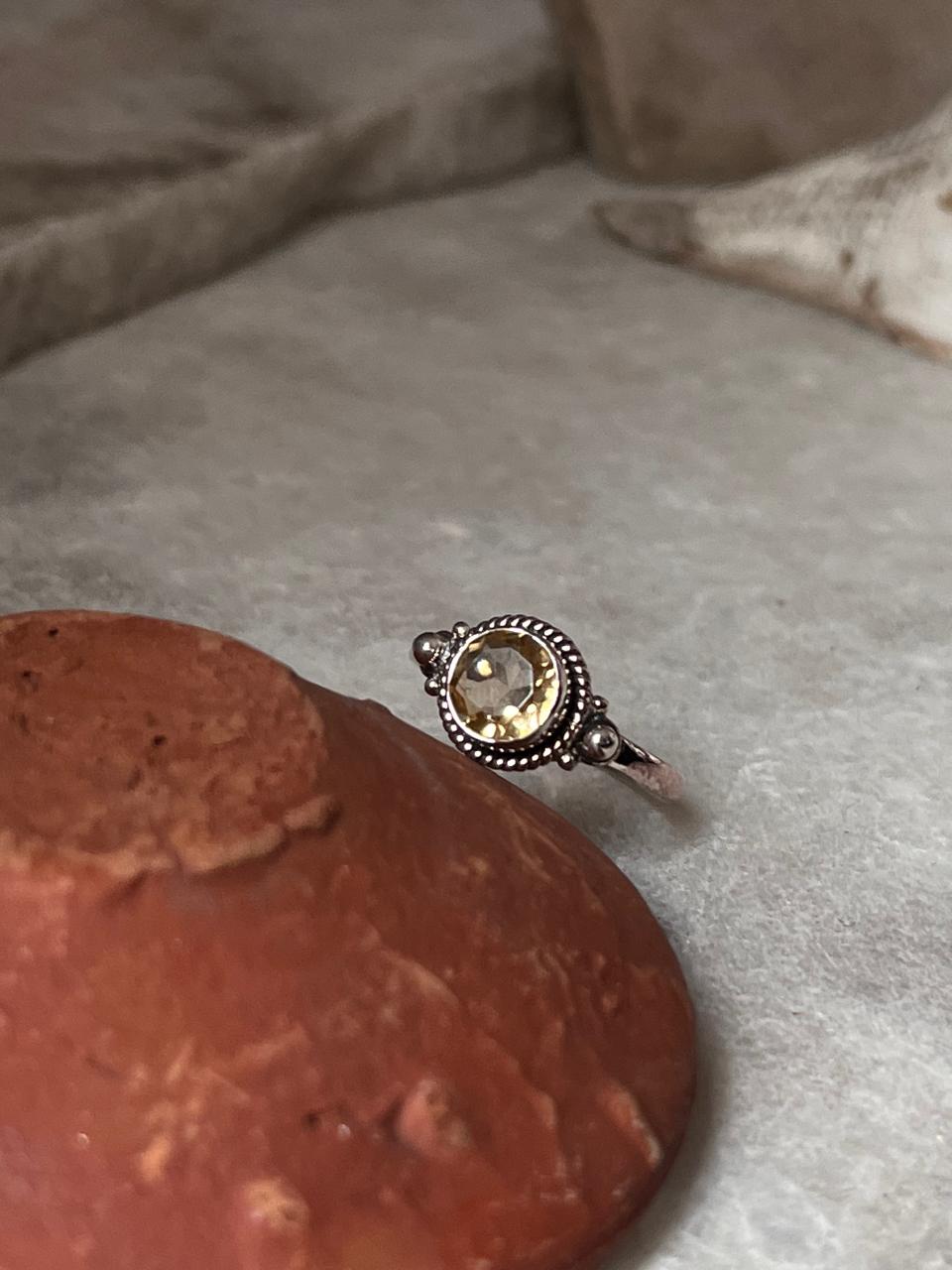 Citrine Round Boho 925 Sterling Silver Ring