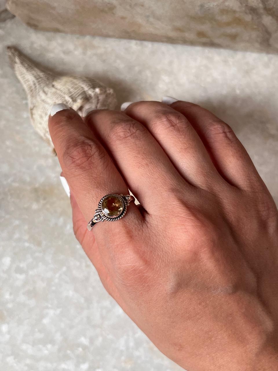 Citrine Round Boho 925 Sterling Silver Ring