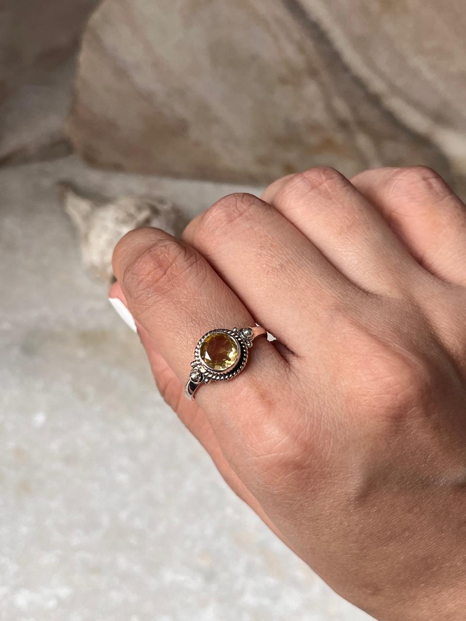 Citrine Round Boho 925 Sterling Silver Ring