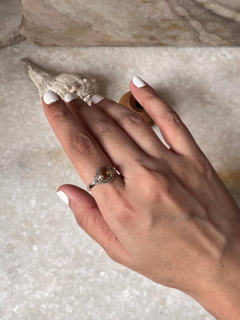 Citrine Round Boho 925 Sterling Silver Ring