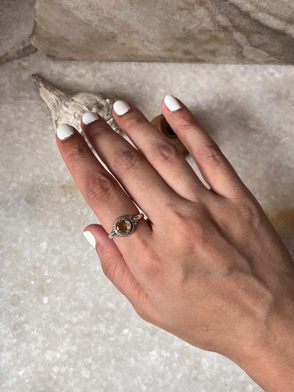 Citrine Round Boho 925 Sterling Silver Ring
