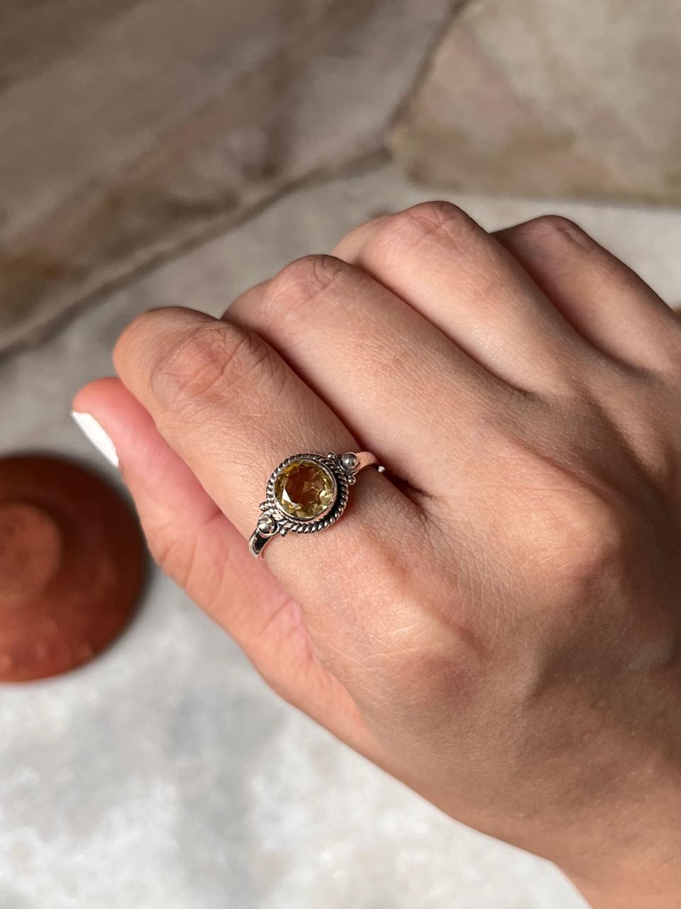 Citrine Round Boho 925 Sterling Silver Ring