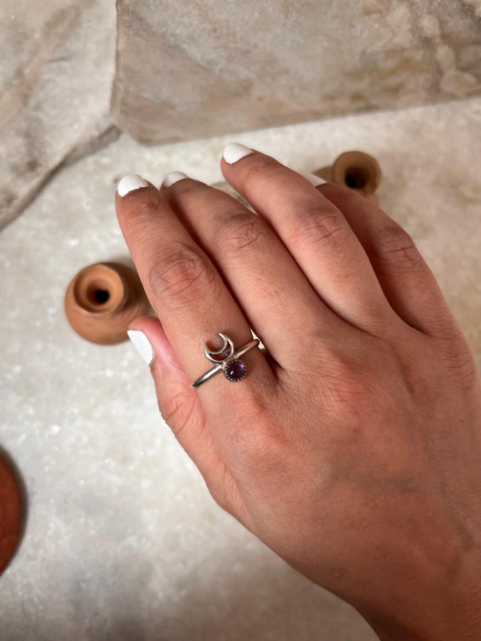 Amethyst Crescent Moon 925 Sterling Silver Ring
