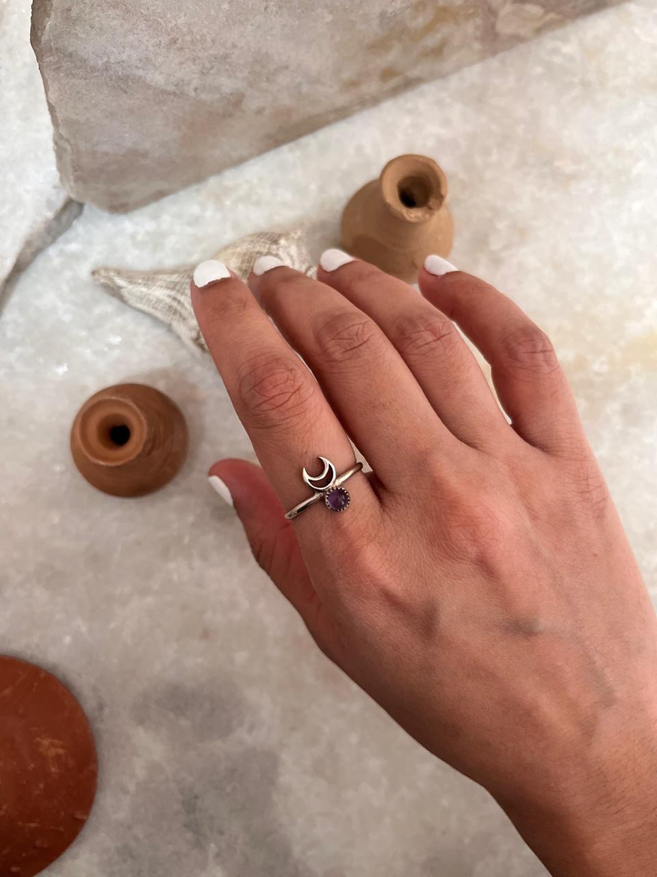 Amethyst Crescent Moon 925 Sterling Silver Ring