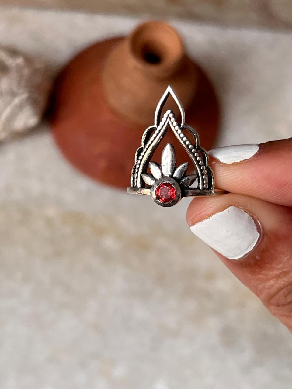 Garnet Boho Crown Stack 925 Sterling Silver Ring