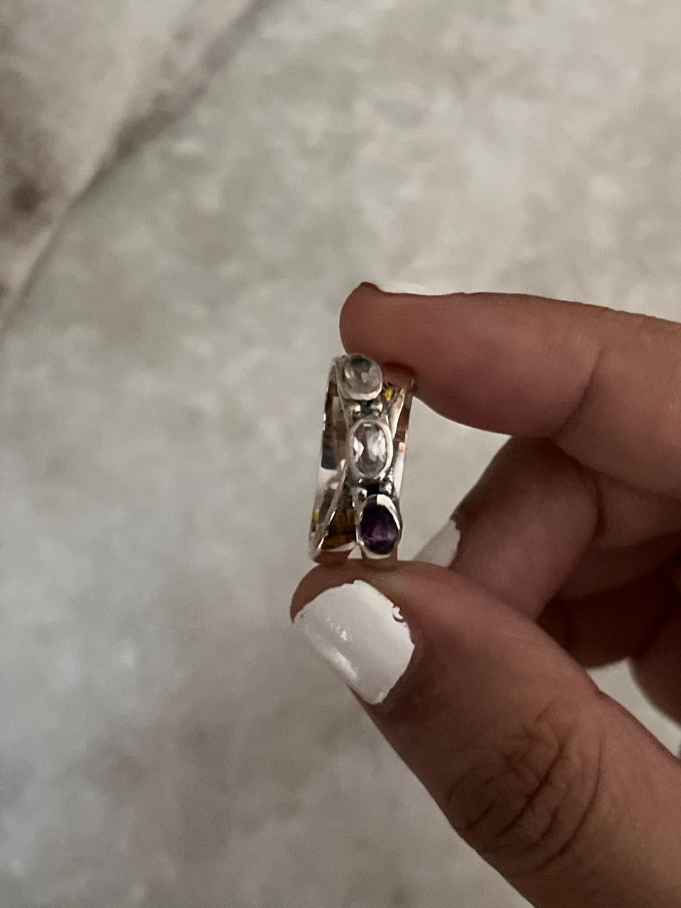 Master Healer -Amethyst Clear Quartz Rose Quartz Cross Band 925 Sterling Silver Ring