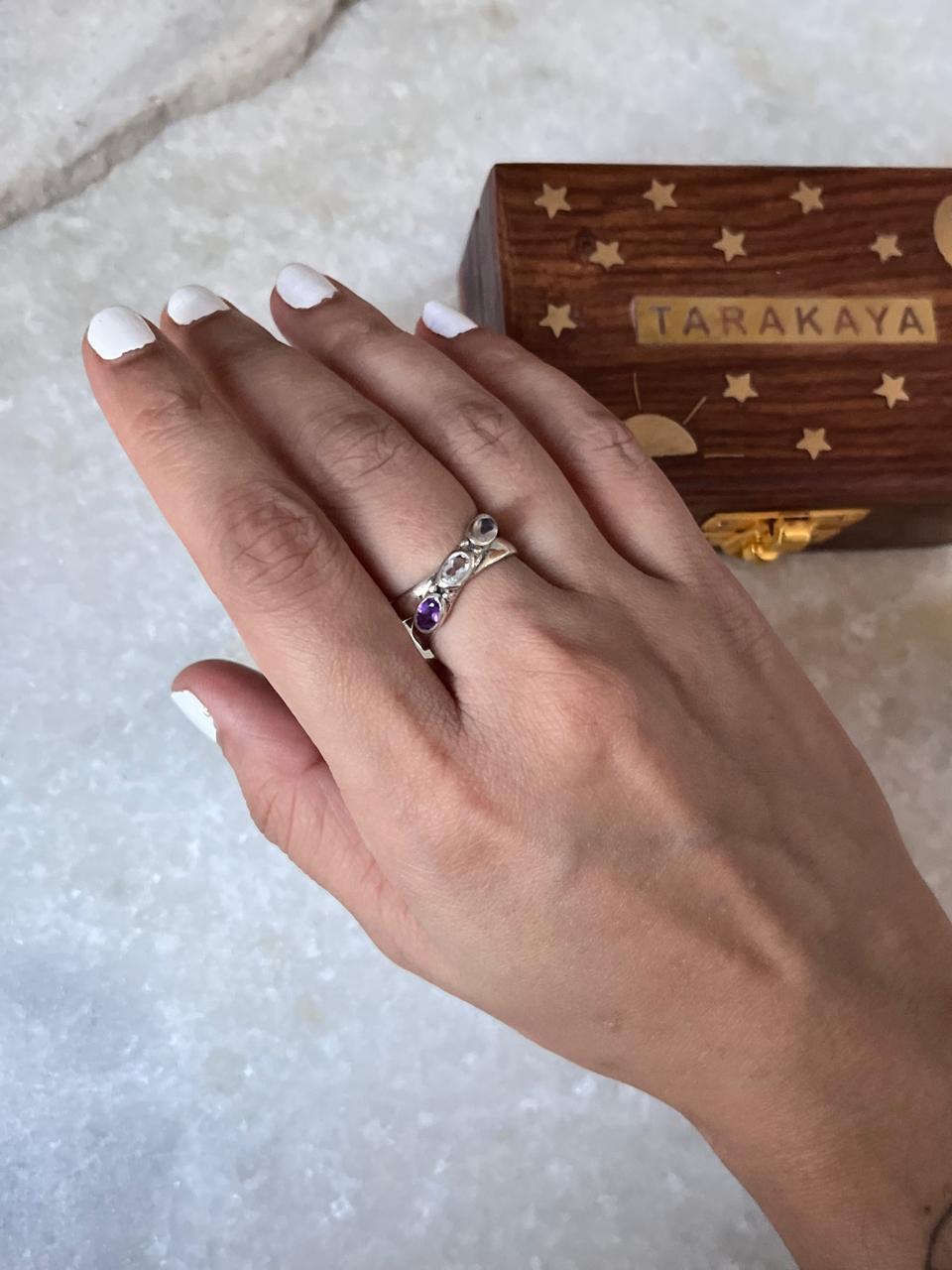 Master Healer -Amethyst Clear Quartz Rose Quartz Cross Band 925 Sterling Silver Ring