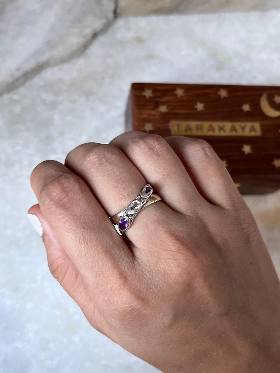 Master Healer -Amethyst Clear Quartz Rose Quartz Cross Band 925 Sterling Silver Ring