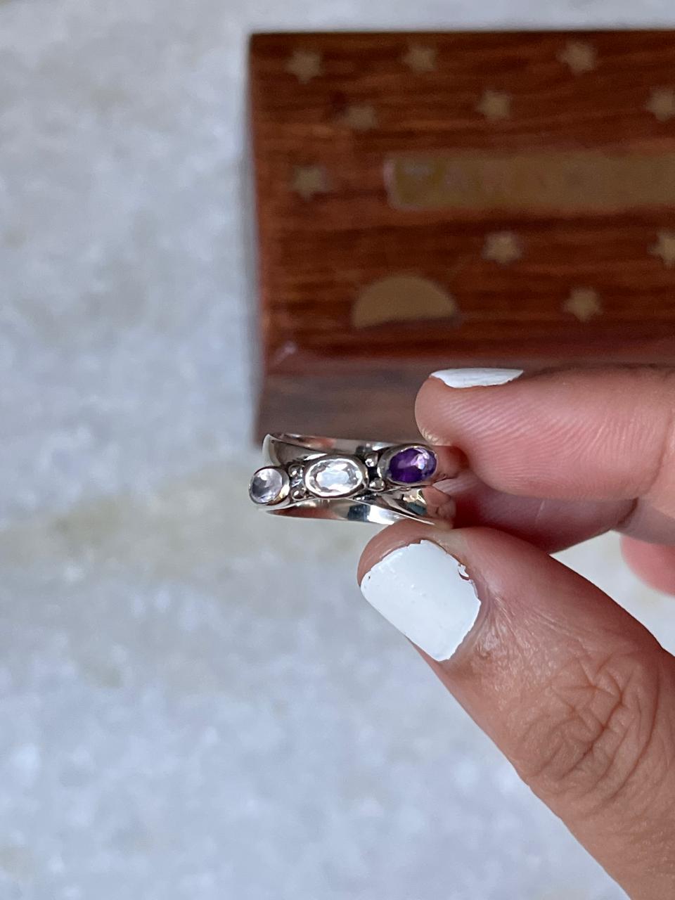 Master Healer -Amethyst Clear Quartz Rose Quartz Cross Band 925 Sterling Silver Ring