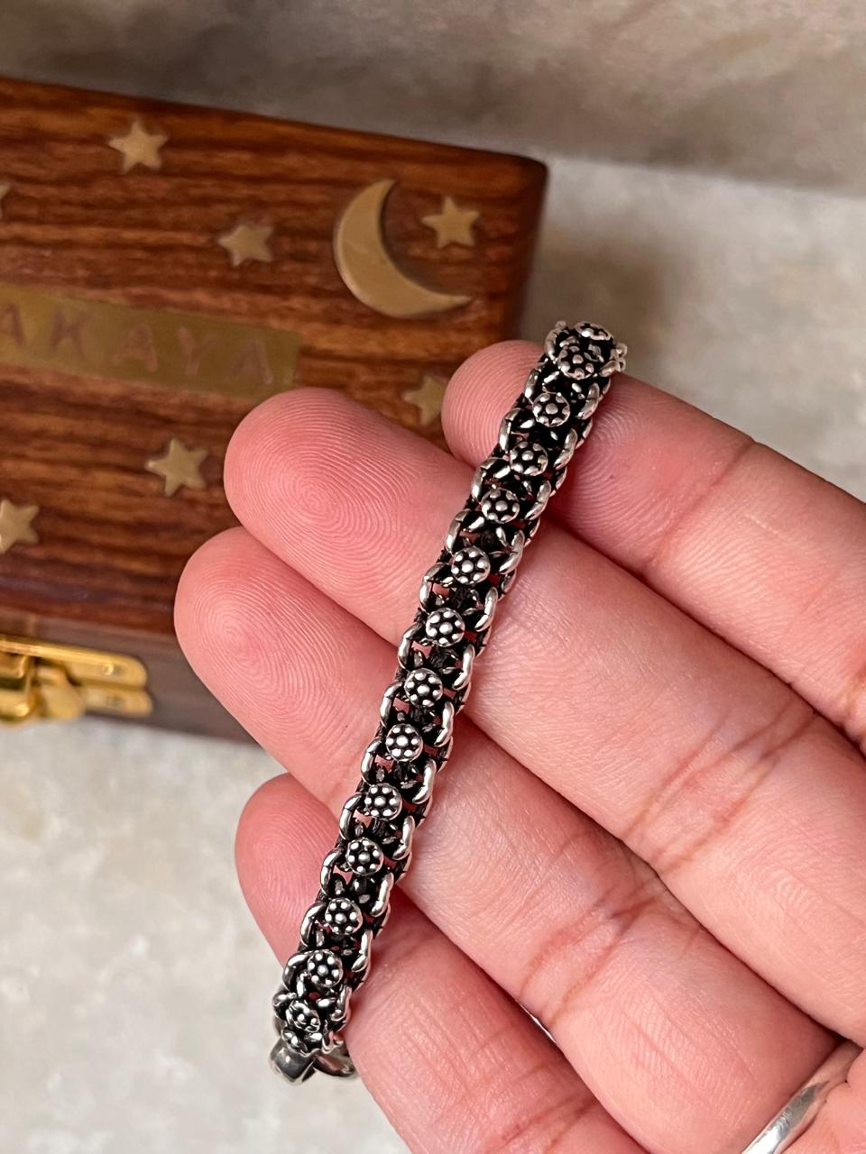 Bali Style Antique Single Line Pure 925 Sterling Silver Bracelet