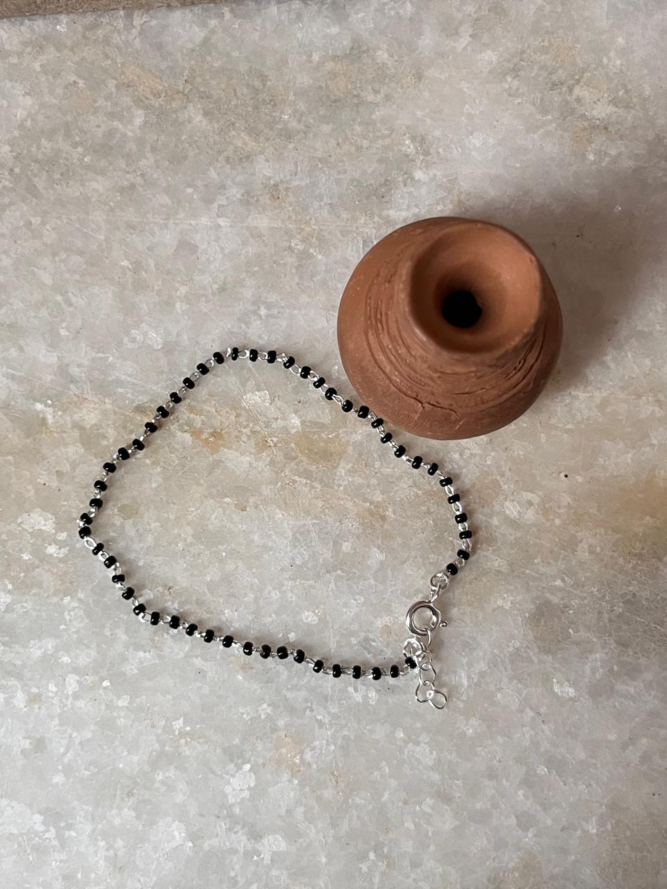 Full black beaded nazariya anklet in 925 sterling silver