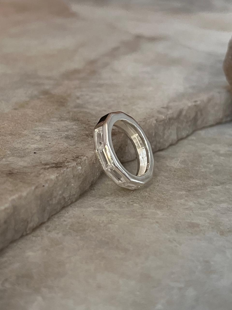 Clear Quartz Five Baguette Stone 925 Sterling Silver Ring