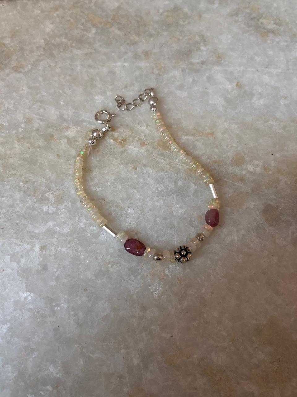 Natural Ethiopian Opal & Pink tourmaline with Silver Floral Charm & Balls Handcrafted 925 Sterling Silver Bracelet