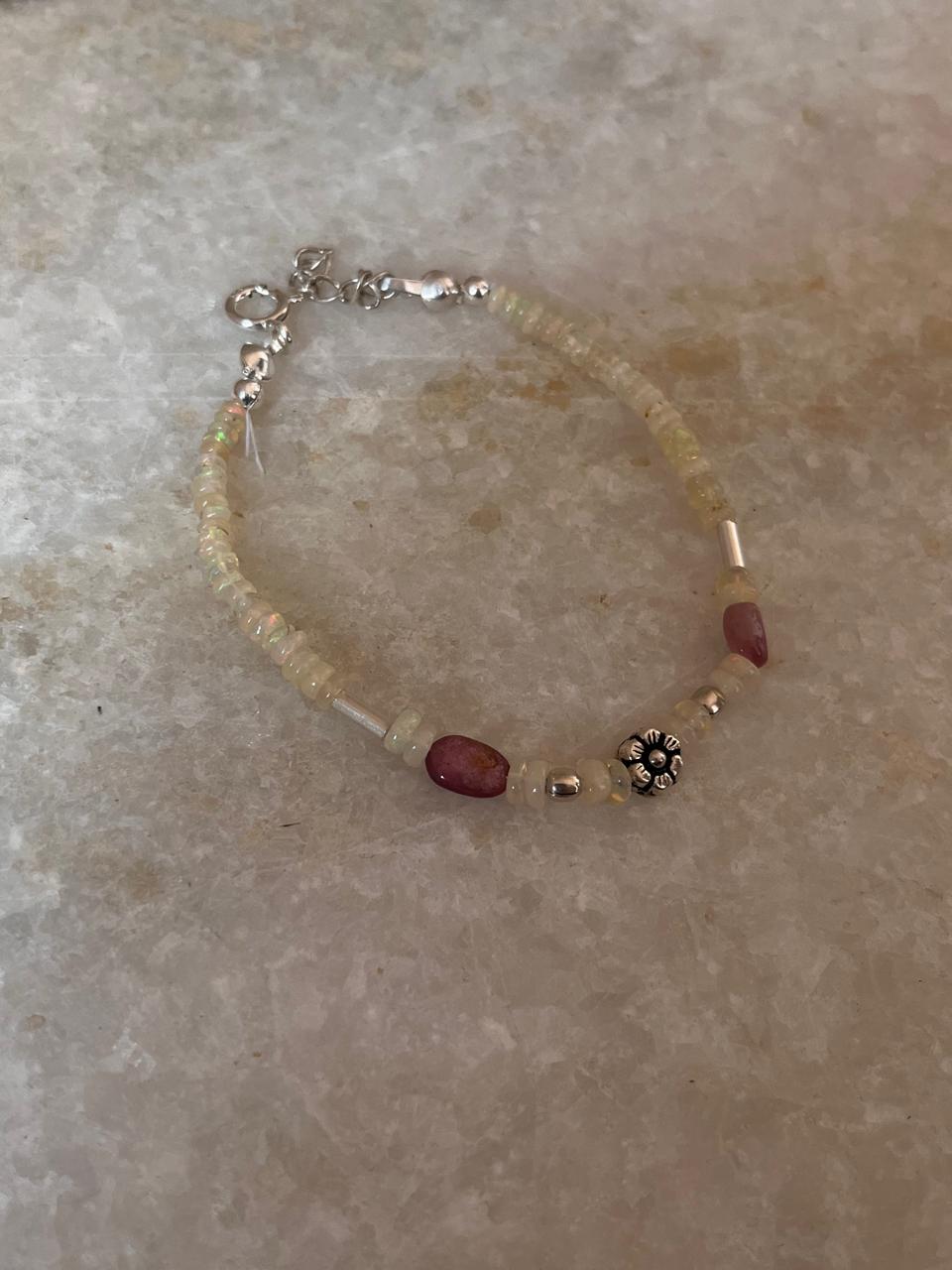 Natural Ethiopian Opal & Pink tourmaline with Silver Floral Charm & Balls Handcrafted 925 Sterling Silver Bracelet