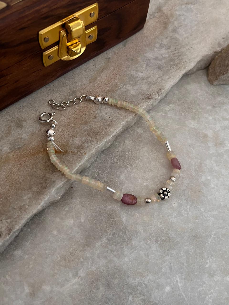 Natural Ethiopian Opal & Pink tourmaline with Silver Floral Charm & Balls Handcrafted 925 Sterling Silver Bracelet