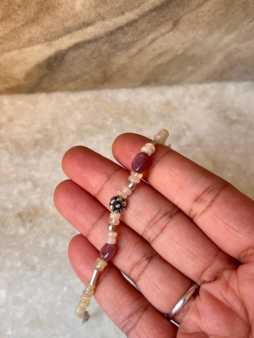 Natural Ethiopian Opal & Pink tourmaline with Silver Floral Charm & Balls Handcrafted 925 Sterling Silver Bracelet