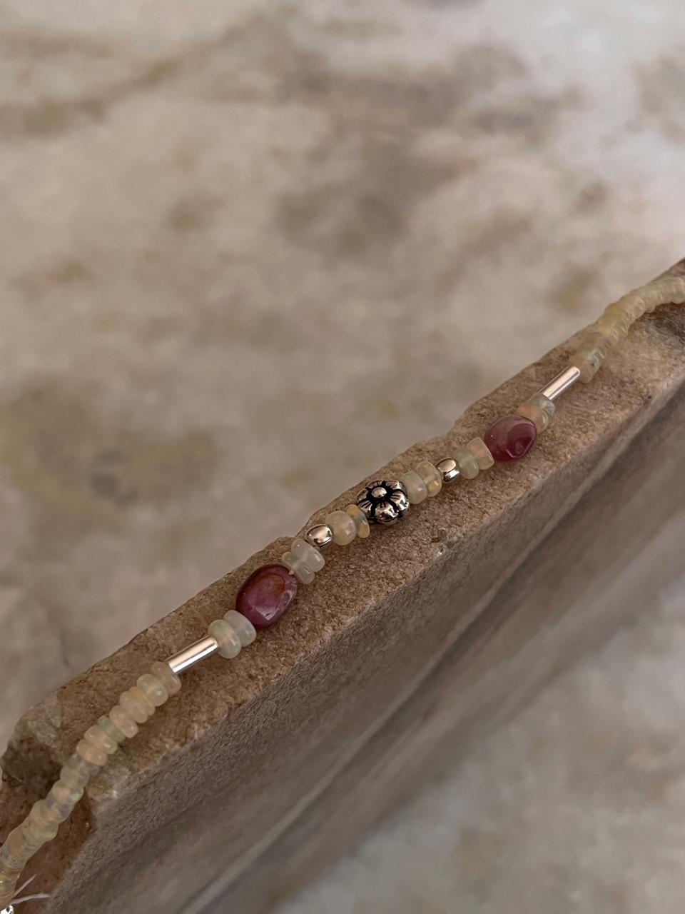 Natural Ethiopian Opal & Pink tourmaline with Silver Floral Charm & Balls Handcrafted 925 Sterling Silver Bracelet