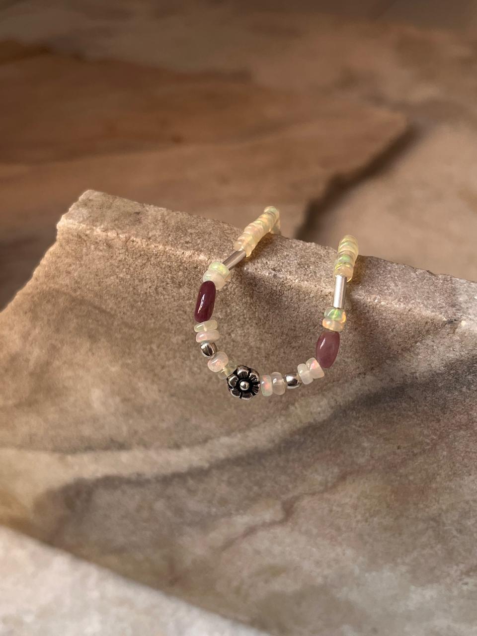 Natural Ethiopian Opal & Pink tourmaline with Silver Floral Charm & Balls Handcrafted 925 Sterling Silver Bracelet