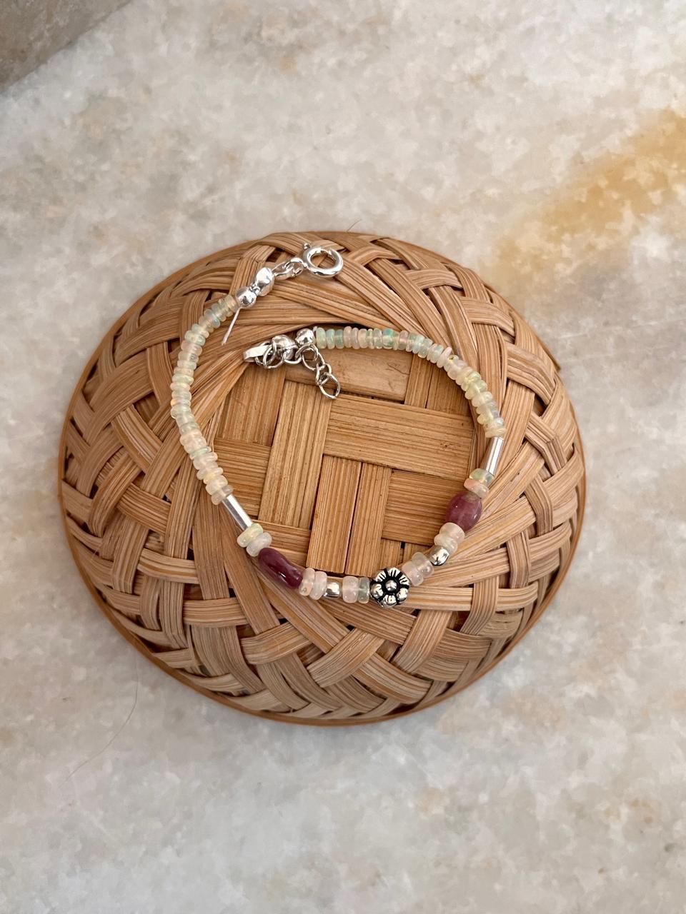 Natural Ethiopian Opal & Pink tourmaline with Silver Floral Charm & Balls Handcrafted 925 Sterling Silver Bracelet