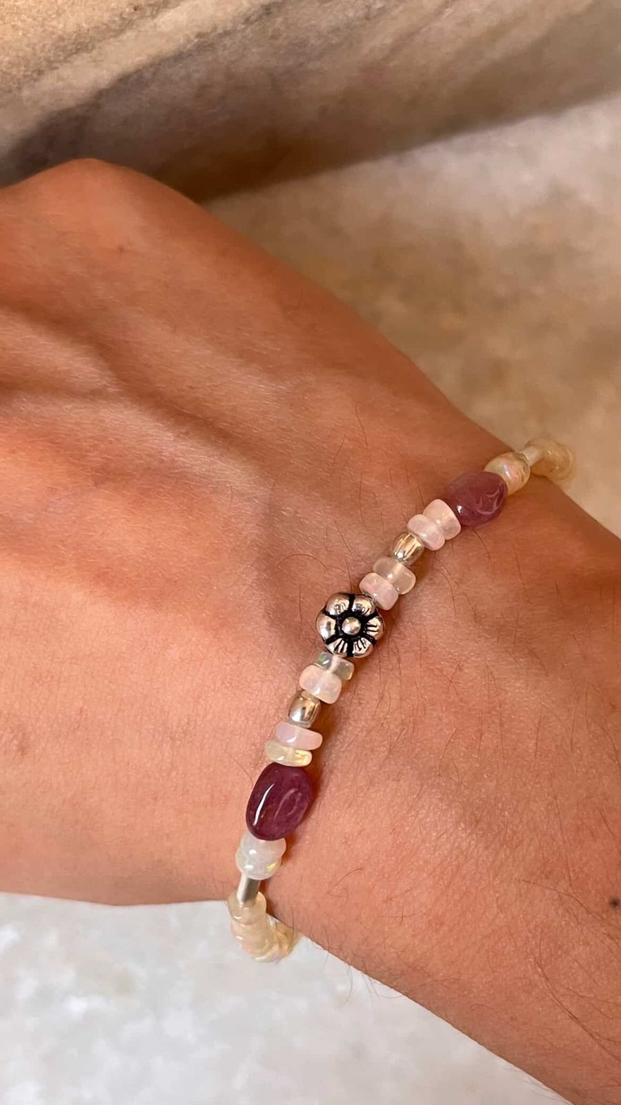 Natural Ethiopian Opal & Pink tourmaline with Silver Floral Charm & Balls Handcrafted 925 Sterling Silver Bracelet