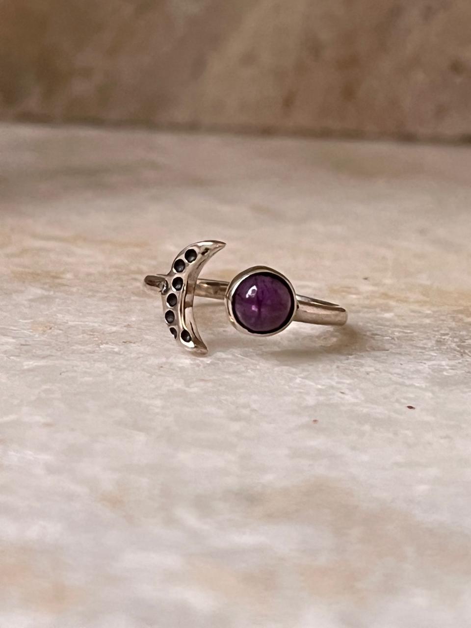 Amethyst Crescent Moon Adjustable 925 Sterling Silver Ring