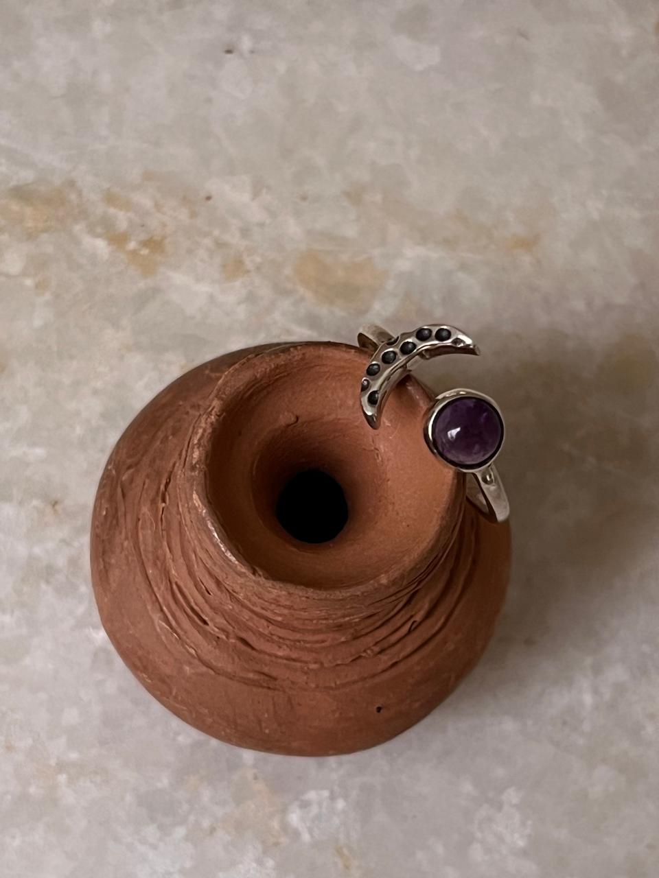 Amethyst Crescent Moon Adjustable 925 Sterling Silver Ring