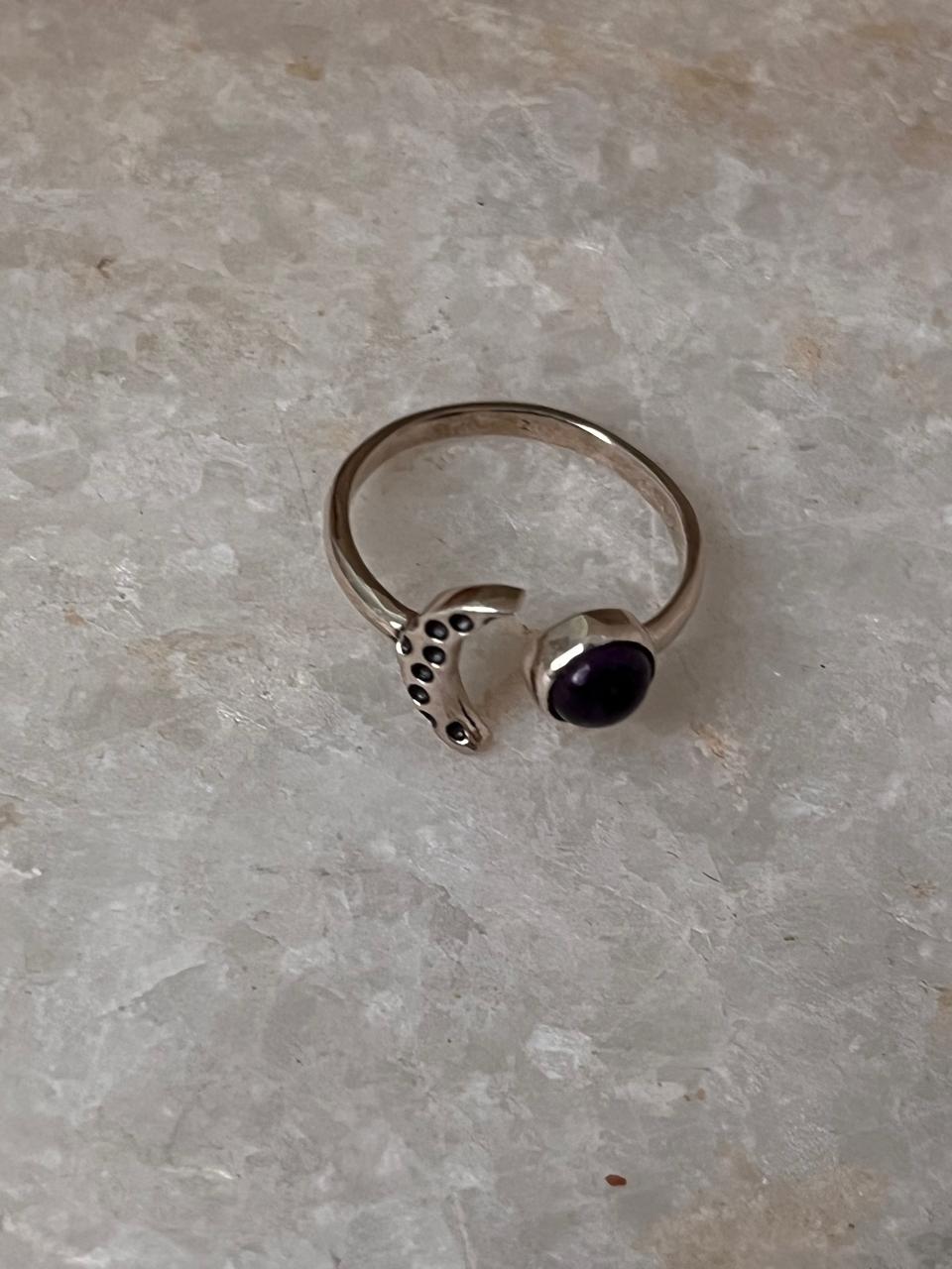 Amethyst Crescent Moon Adjustable 925 Sterling Silver Ring