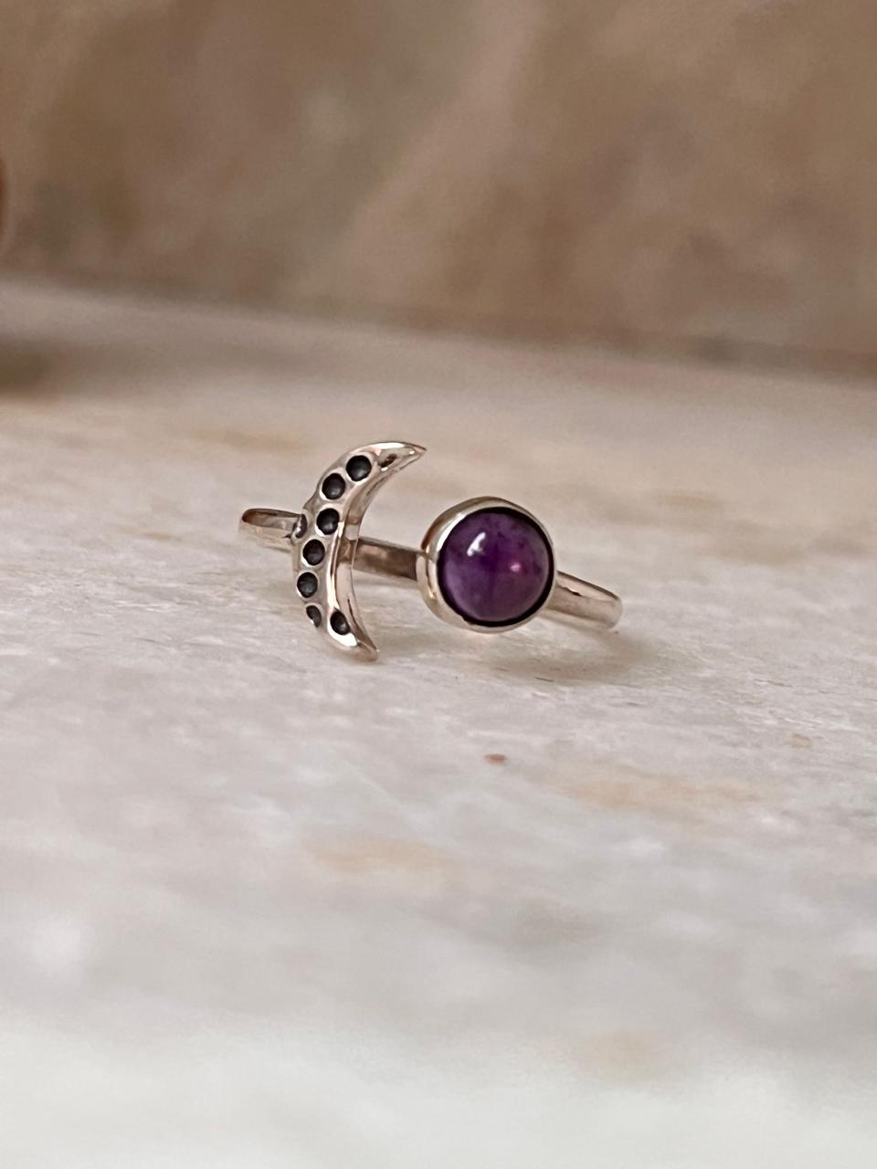 Amethyst Crescent Moon Adjustable 925 Sterling Silver Ring