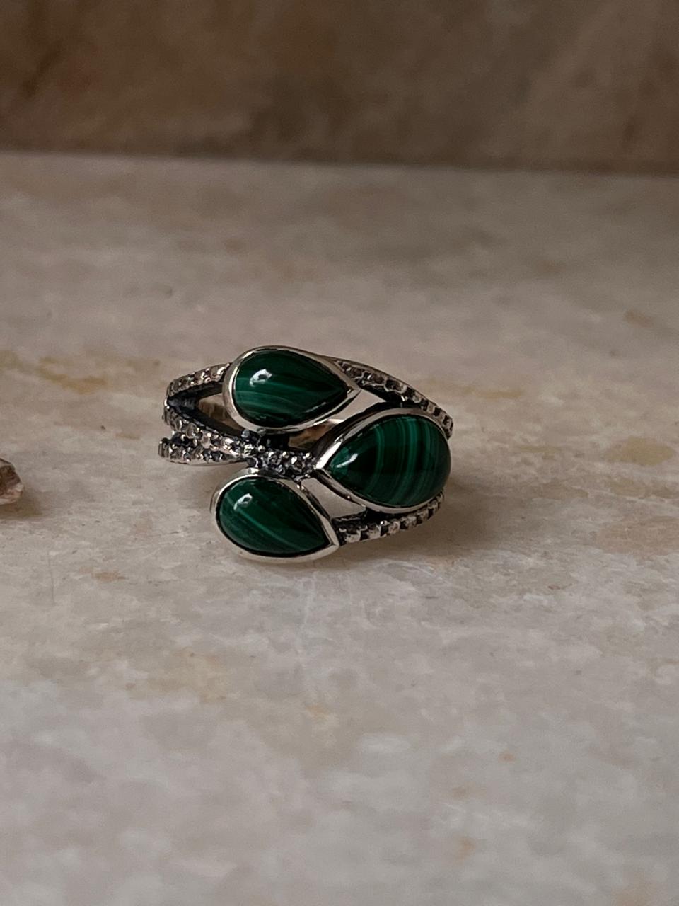 Malachite 3 Stone Statement 925 Sterling Silver Ring