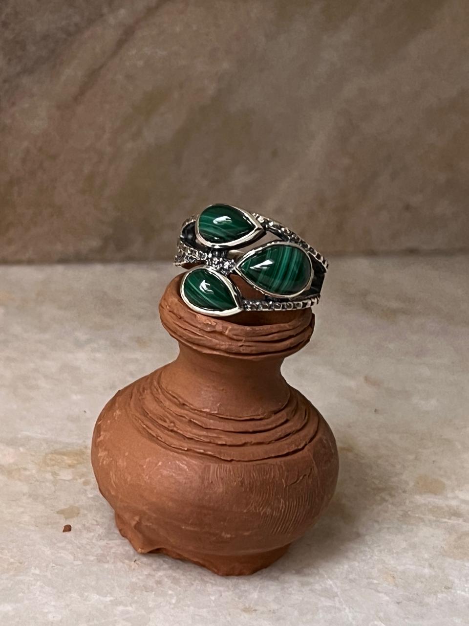 Malachite 3 Stone Statement 925 Sterling Silver Ring