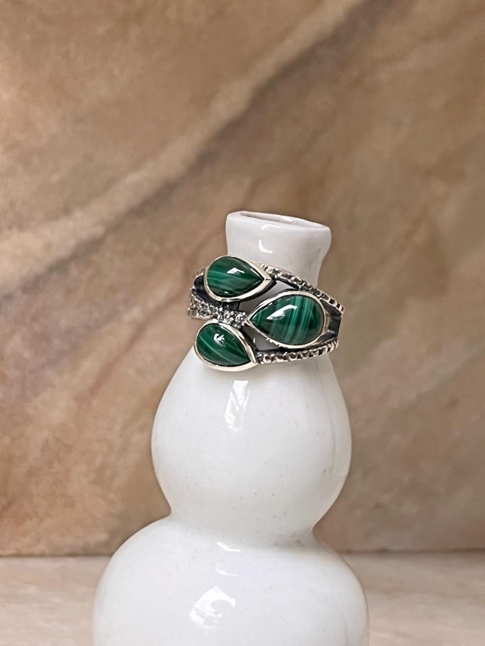 Malachite 3 Stone Statement 925 Sterling Silver Ring