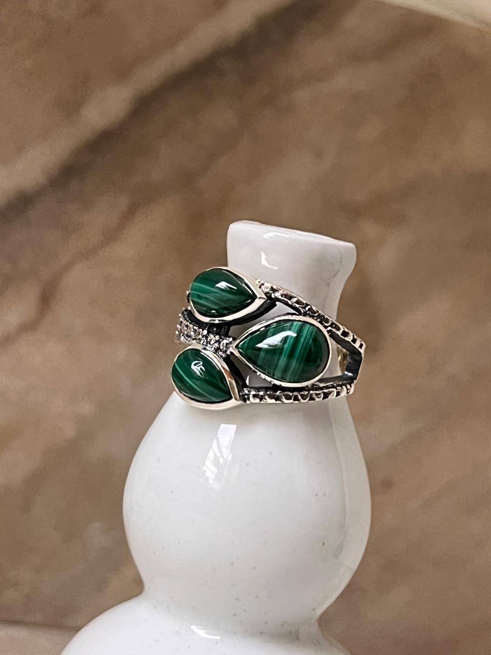 Malachite 3 Stone Statement 925 Sterling Silver Ring