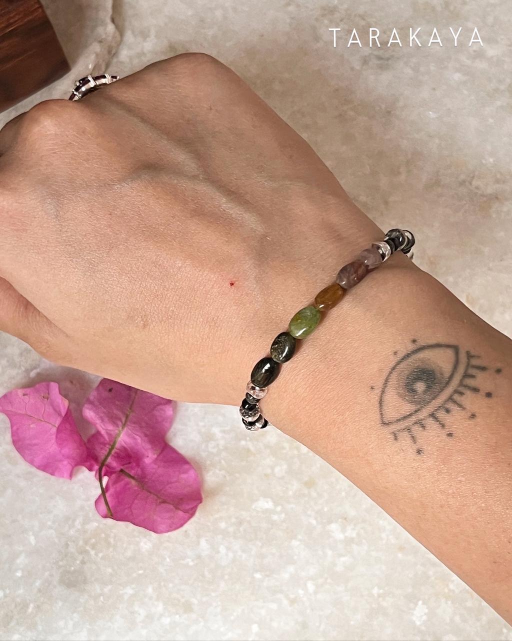 Harmony Shield- Multi Tourmaline & Clear Quartz Handcrafted 925 Sterling Silver Bracelet