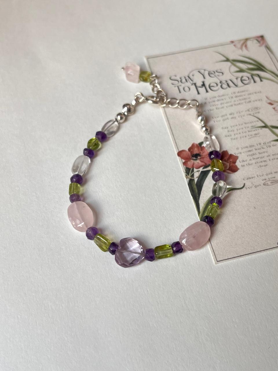 Amethyst Heart , Peridot, Rose Quartz & Clear Quartz Handcrafted 925 Sterling Silver Bracelet