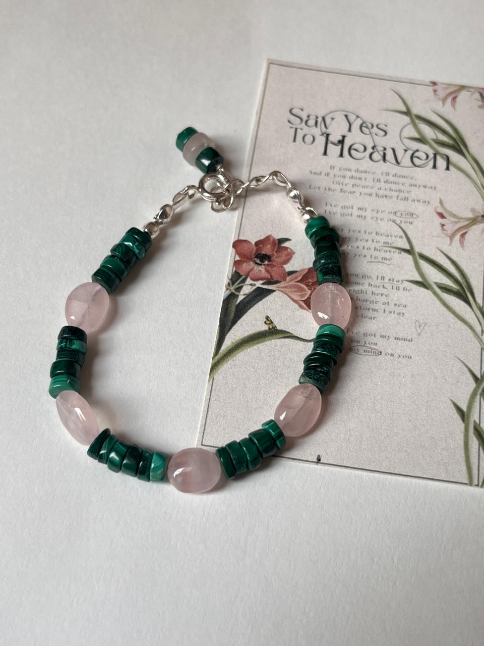 Malachite & Rose Quartz Handcrafted 925 Sterling Silver Bracelet