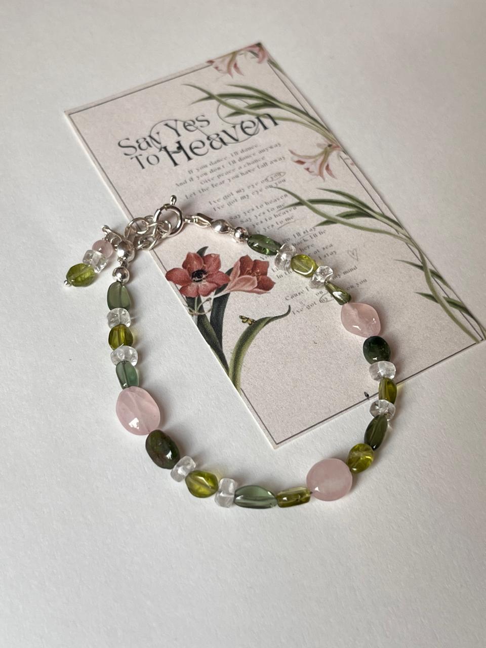 Rose Quartz , Peridot , Clear Quartz & Green Tourmaline Handcrafted 925 Sterling Silver Bracelet