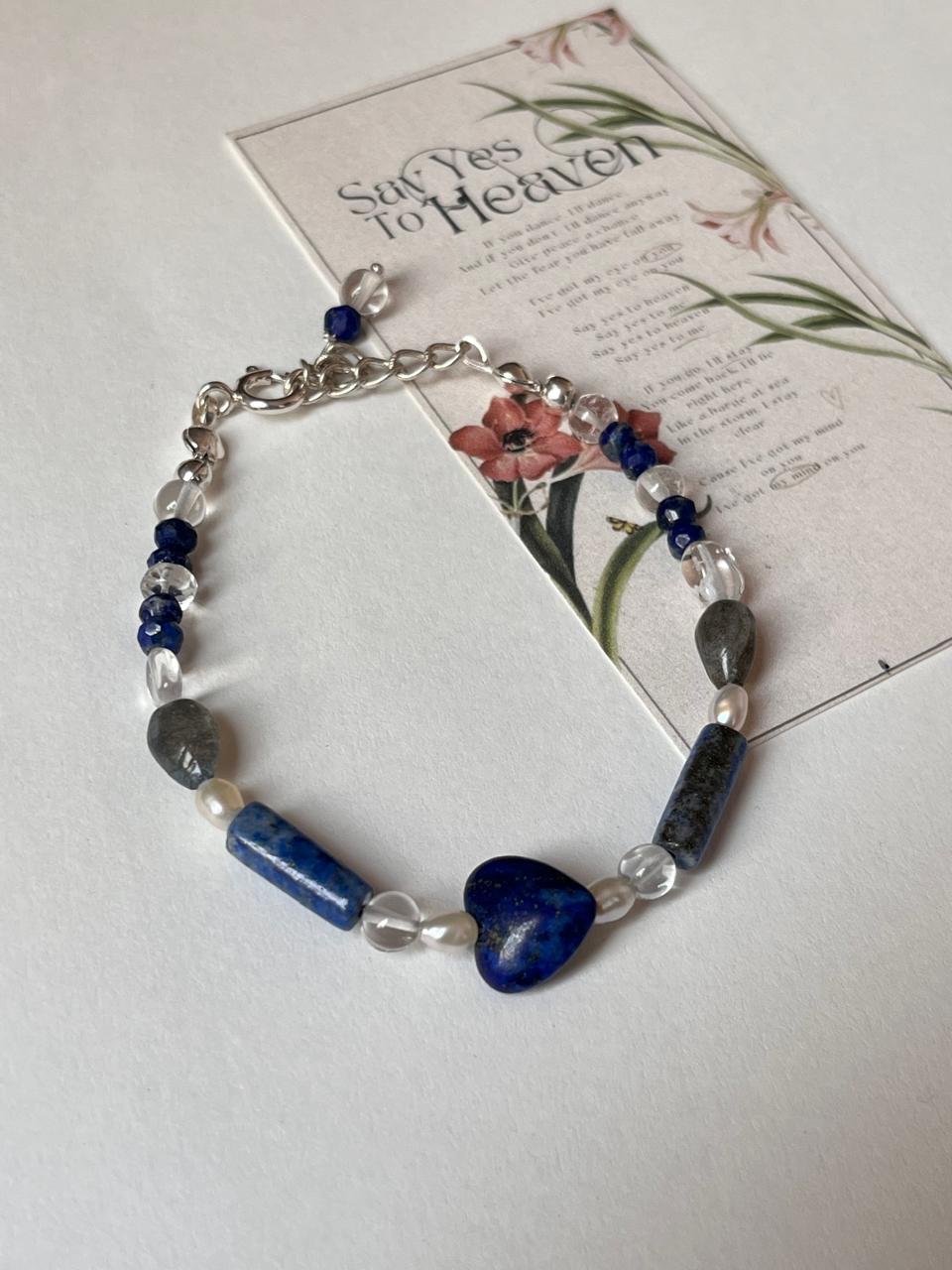 Lapis Lazuli Heart , Clear Quartz, Pearls & Labradorite Handcrafted 925 Sterling Silver Bracelet