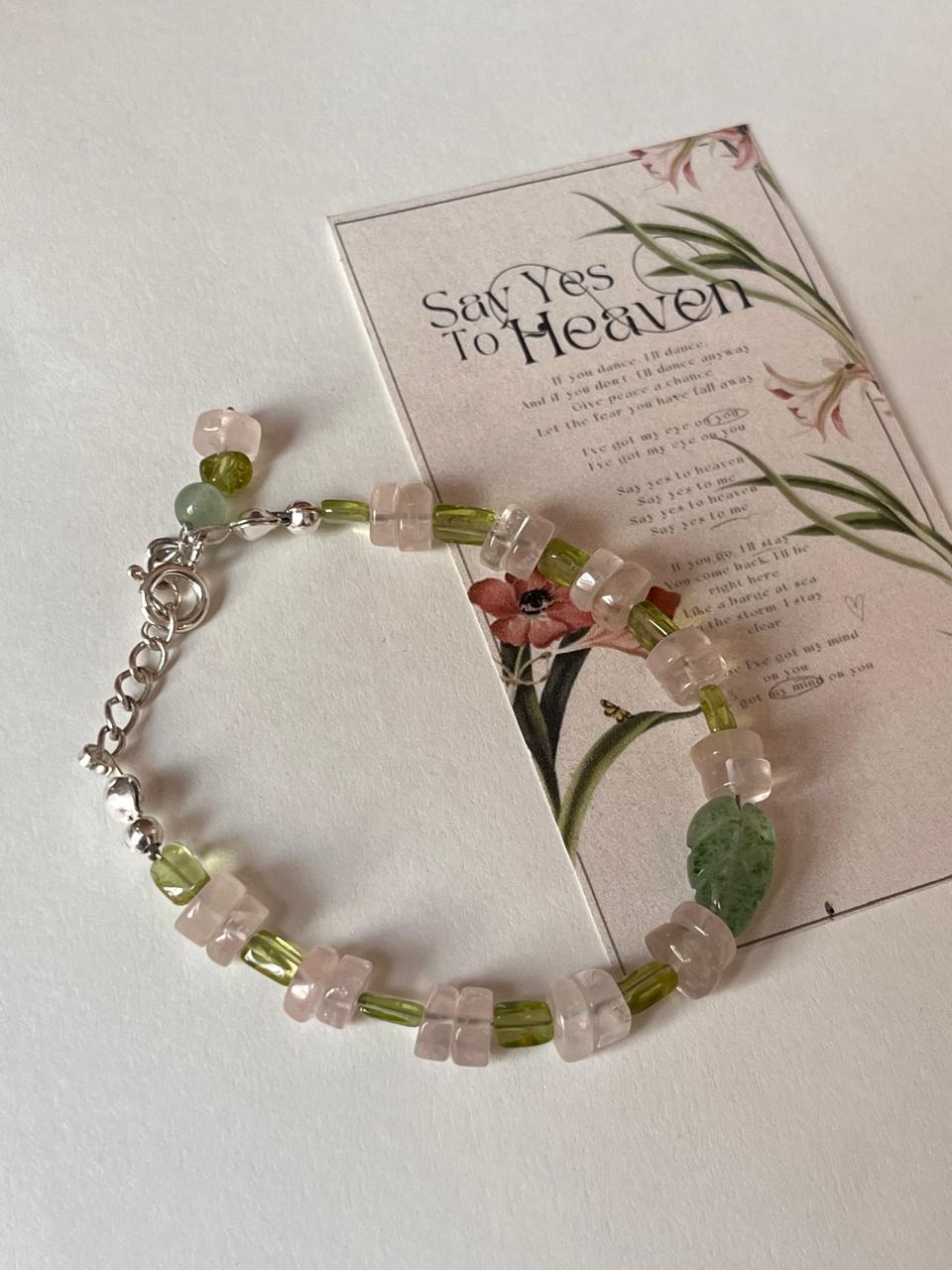 Green Aventurine Carved Leaf , Rose Quartz & Peridot Handcrafted 925 Sterling Silver Bracelet