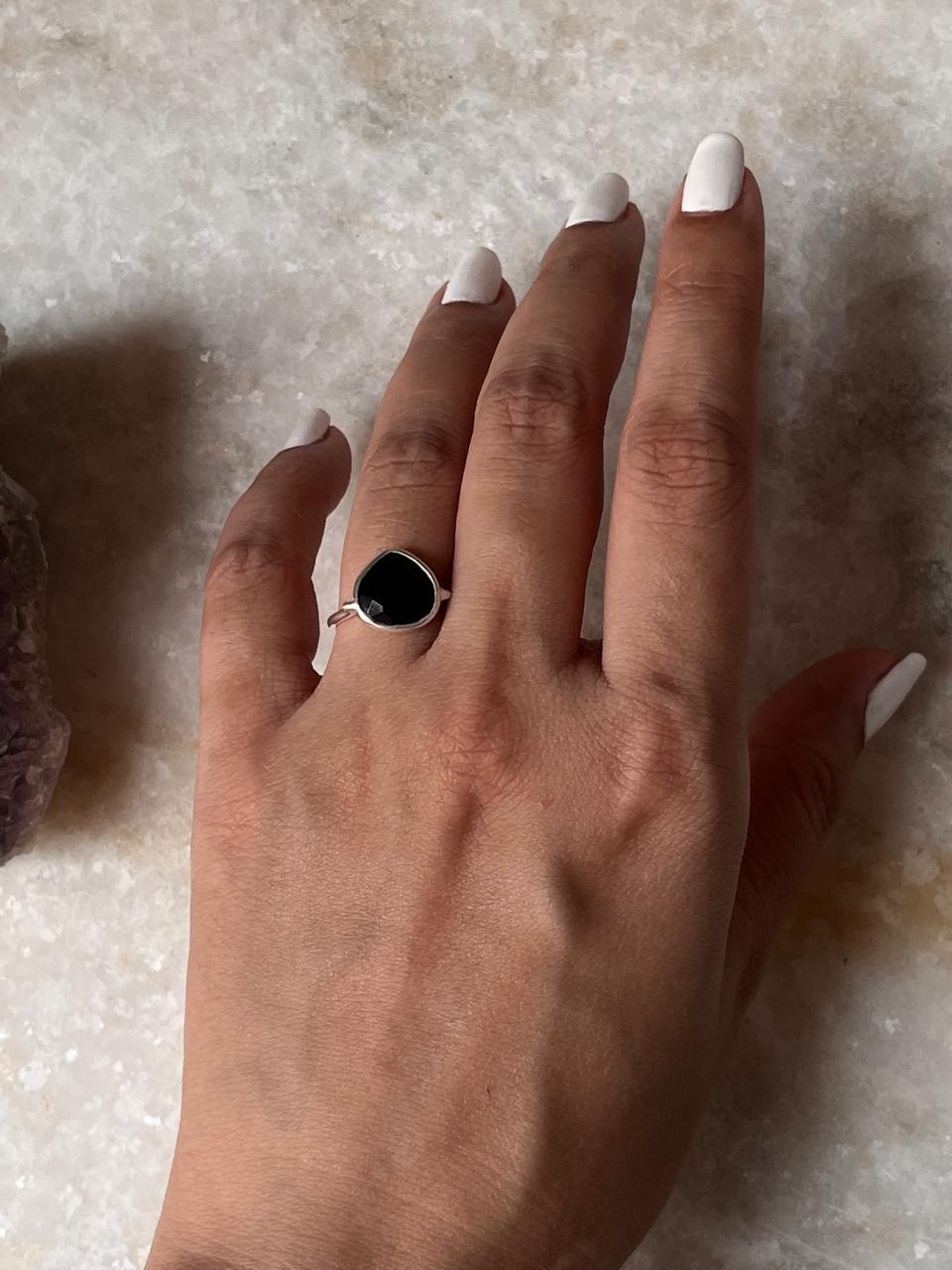 Black Onyx Heart Faceted 925 Sterling Silver Ring